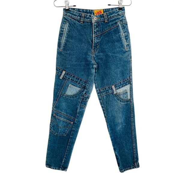 I.O.U. Denim - Vtg 80s 90s I.O.U Patchwork High Waist Tapered Denim Jeans Unique Womens 5/6 EUC